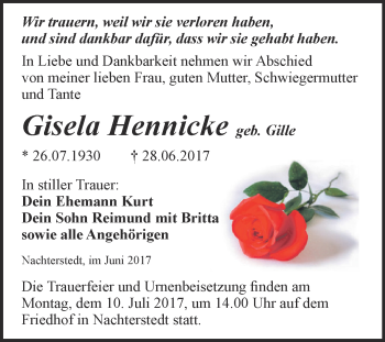 Traueranzeige von Gisela Hennicke von Super Sonntag Aschersleben