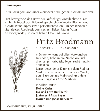 Traueranzeige von Fritz Brodmann von WVG - Wochenspiegel SGH