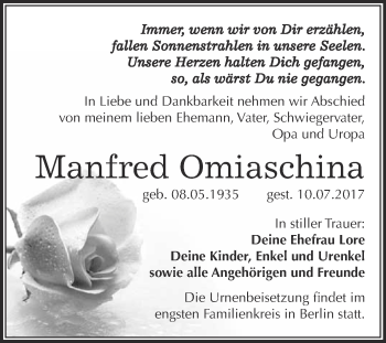 Traueranzeige von Manfred Omiaschina von WVG - Wochenspiegel Merseburg