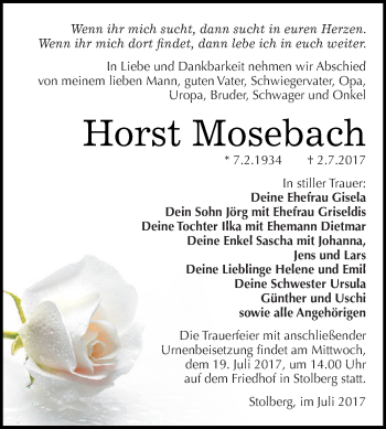 Traueranzeige von Horst Mosebach von Super Sonntag SGH Mansf. Land
