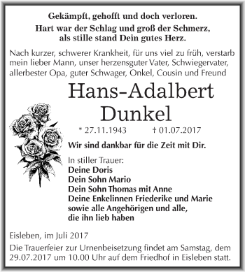 Traueranzeige von Hans-Adalbert Dunkel von Wochenspiegel Mansfelder Land