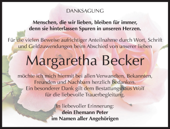 Traueranzeige von Margaretha Becker von Mitteldeutsche Zeitung Weißenfels
