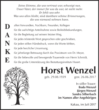 Traueranzeige von Horst Wenzel von Super Sonntag Wittenberg
