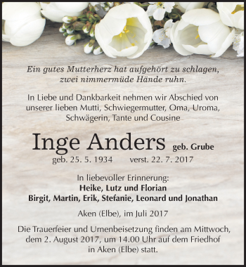 Traueranzeige von Inge Anders von Mitteldeutsche Zeitung Köthen