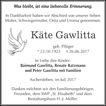 Traueranzeige von Käte Gawlitta von WVG - Wochenspiegel Aschersleben
