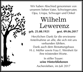 Traueranzeige von Wilhelm Lewerenz von Mitteldeutsche Zeitung Aschersleben