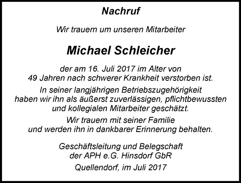  Traueranzeige für Michael Schleicher vom 26.07.2017 aus Mitteldeutsche Zeitung Köthen