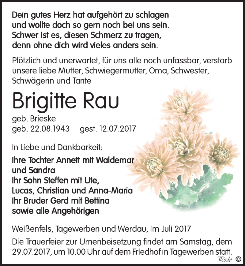  Traueranzeige für Brigitte Rau vom 15.07.2017 aus Mitteldeutsche Zeitung Weißenfels