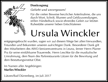 Traueranzeige von Ursula Winckler von Mitteldeutsche Zeitung Weißenfels