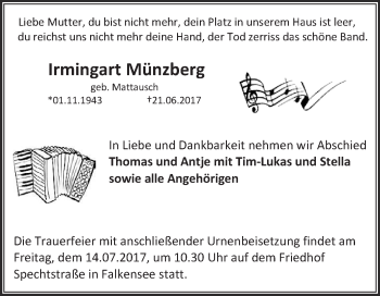 Traueranzeige von Irmingart Münzberg von WVG - Wochenspiegel NMB / WSF / ZTZ