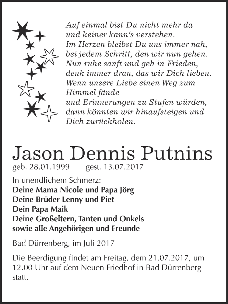 Traueranzeige für Jason Dennis Putnins vom 19.07.2017 aus Super Sonntag Merseburg