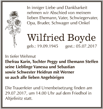 Traueranzeige von Wilfried Boyde von WVG - Wochenspiegel Dessau / Köthen