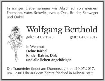 Traueranzeige von Wolfgang Berthold von WVG - Wochenspiegel Dessau / Köthen