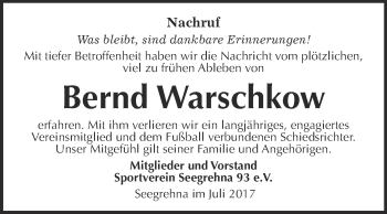 Traueranzeige von Bernd Warschkow von Super Sonntag Wittenberg