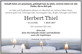 Traueranzeige von Herbert Thiel von Wochenspiegel Mansfelder Land