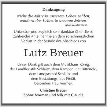 Traueranzeige von Lutz Breuer von WVG - Wochenspiegel Bitterfeld