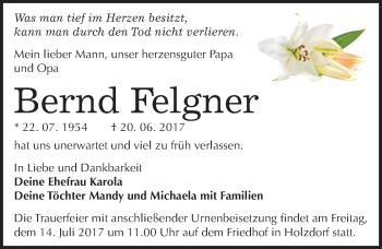 Traueranzeige von Bernd Felgner von Mitteldeutsche Zeitung Wittenberg