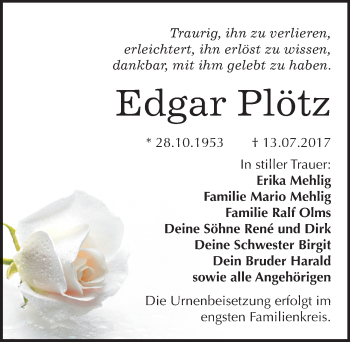Traueranzeige von Edgar Plötz von Mitteldeutsche Zeitung Bitterfeld