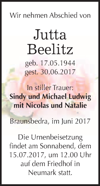Traueranzeige von Jutta Beelitz von WVG - Wochenspiegel Merseburg