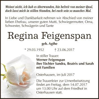 Traueranzeige von Regina Feigenspan von Wochenspiegel Mansfelder Land