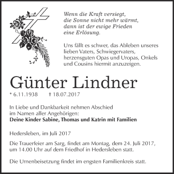 Traueranzeige von Günter Lindner von WVG - Wochenspiegel Quedlinburg
