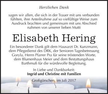 Traueranzeige von Elisabeth Hering von Mitteldeutsche Zeitung Weißenfels
