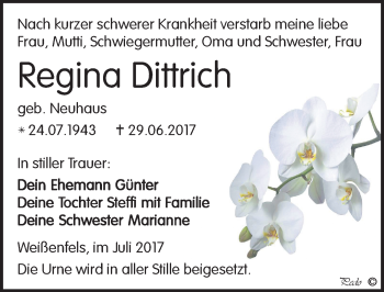 Traueranzeige von Regina Dittrich von Mitteldeutsche Zeitung Weißenfels