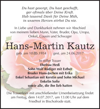 Traueranzeige von Hans-Martin Kautz von Mitteldeutsche Zeitung Mansfelder Land