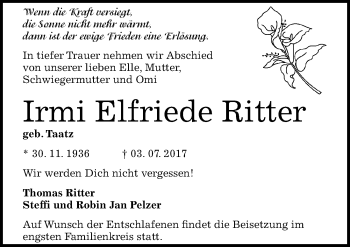 Traueranzeige von Irmi Elfriede Ritter von Mitteldeutsche Zeitung Halle/Saalkreis