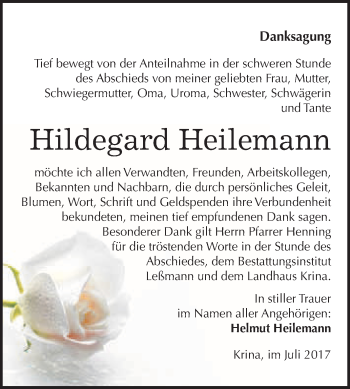 Traueranzeige von Hildegard Heilemann von WVG - Wochenspiegel Bitterfeld