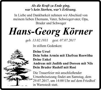 Traueranzeige von Hans-Georg Körner von Super Sonntag Quedlinburg