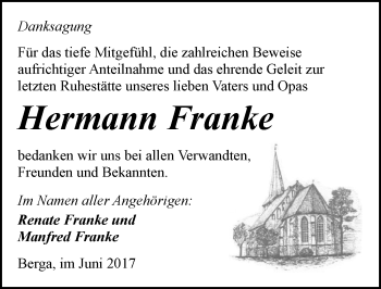 Traueranzeige von Hermann Franke von Mitteldeutsche Zeitung Sangerhausen
