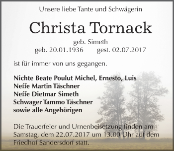 Traueranzeige von Christa Tornack von Mitteldeutsche Zeitung Bitterfeld