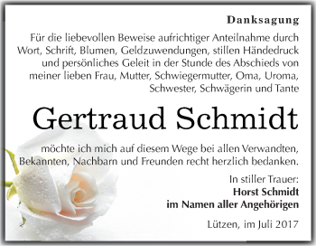 Traueranzeige von Gertraud Schmidt von Super Sonntag Merseburg