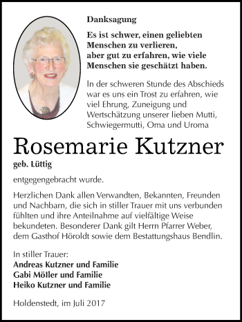 Traueranzeige von Rosemarie Kutzner von Super Sonntag SGH Mansf. Land