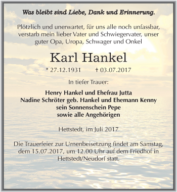 Traueranzeige von Karl Hankel von Mitteldeutsche Zeitung Mansfelder Land