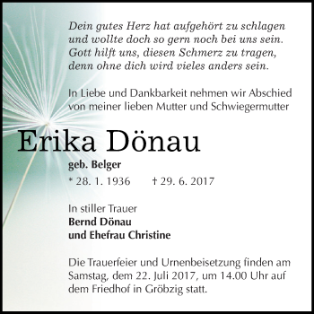 Traueranzeige von Erika Dönau von WVG - Wochenspiegel Dessau / Köthen