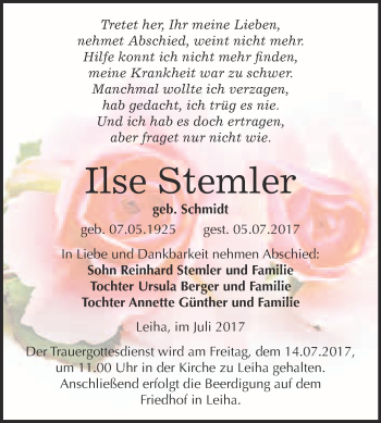 Traueranzeige von Ilse Stemler von WVG - Wochenspiegel Merseburg