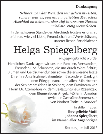 Traueranzeige von Helga Spiegelberg von Mitteldeutsche Zeitung Mansfelder Land