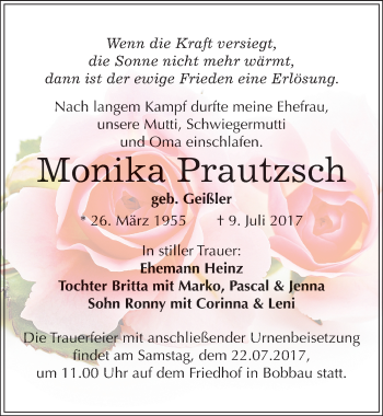 Traueranzeige von Monika Prautzsch von Mitteldeutsche Zeitung Bitterfeld