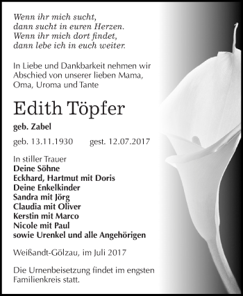 Traueranzeige von Edith Töpfer von WVG - Wochenspiegel Dessau / Köthen
