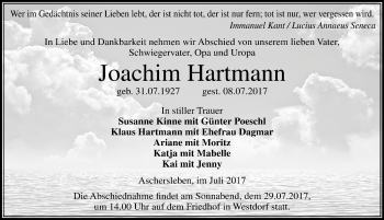 Traueranzeige von Joachim Hartmann von Mitteldeutsche Zeitung Aschersleben