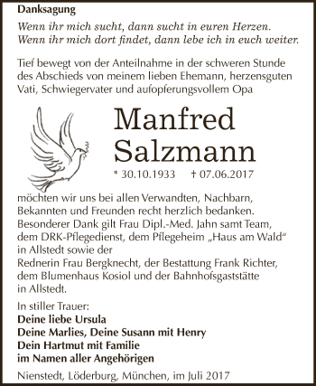 Traueranzeige von Manfred Salzmann von Super Sonntag SGH Mansf. Land