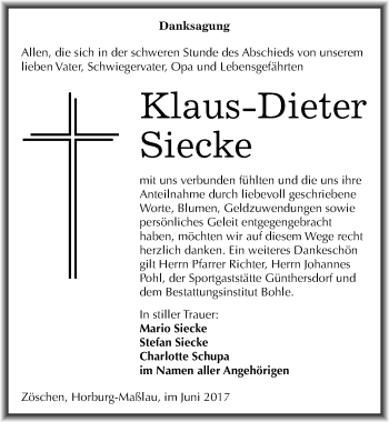 Traueranzeige von Klaus-Dieter Siecke von Mitteldeutsche Zeitung Merseburg/Querfurt
