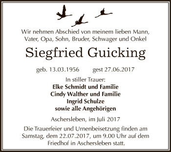 Traueranzeige von Siegfried Guicking von Super Sonntag Aschersleben