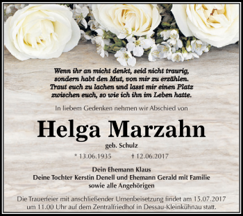 Traueranzeige von Helga Marzahn von WVG - Wochenspiegel Dessau / Köthen