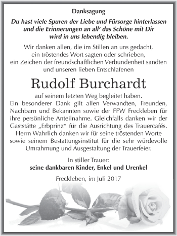 Traueranzeige von Rudolf Burchardt von Wochenspiegel Mansfelder Land