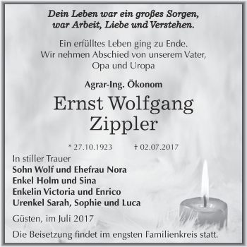 Traueranzeige von Ernst Wolfgang Zippler von Super Sonntag Bernburg