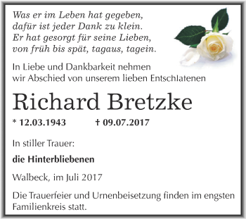 Traueranzeige von Richard Bretzke von Wochenspiegel Mansfelder Land
