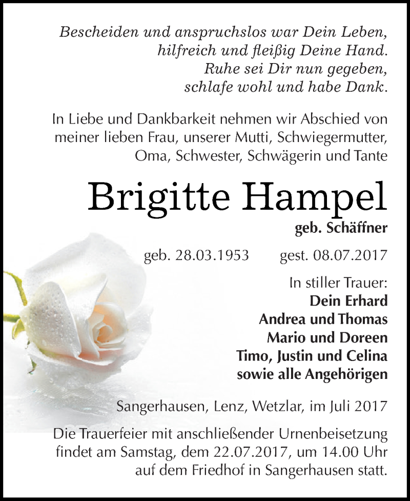  Traueranzeige für Brigitte Hampel vom 15.07.2017 aus Super Sonntag SGH Mansf. Land